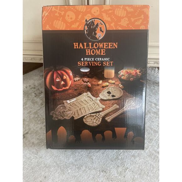 Halloween Home 4 Piece Ceramic Serving Set‎ NEW Skeleton - Picture 1 of 4